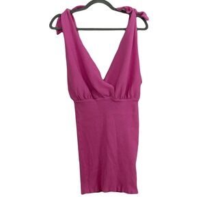 FP Beach Pink Ribbed Tie Shoulder Plunge Neck Mini Dress Medium